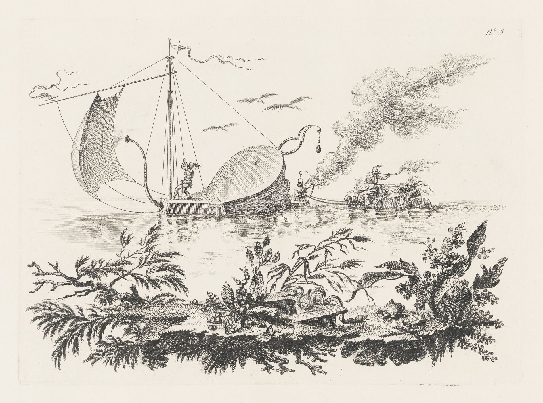Vintage illustration of a whaling scene with a ship, whale, and people in a boat.