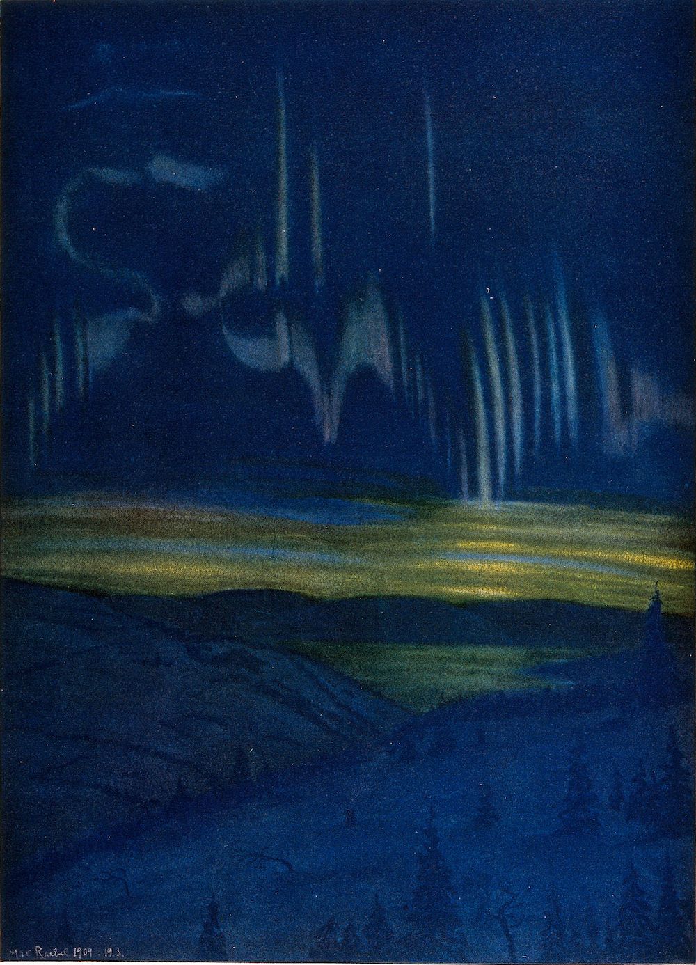 A painting of a night landscape with a vibrant aurora borealis. The sky is a deep blue filled with swirling green and white auroral displays. Below, a field or plain stretches across the lower portion of the painting, with a darker area suggesting a hill.