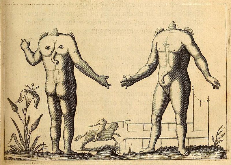 Vintage engraving of two figures, one with an elephant head and the other headless, with a small animal running between them.