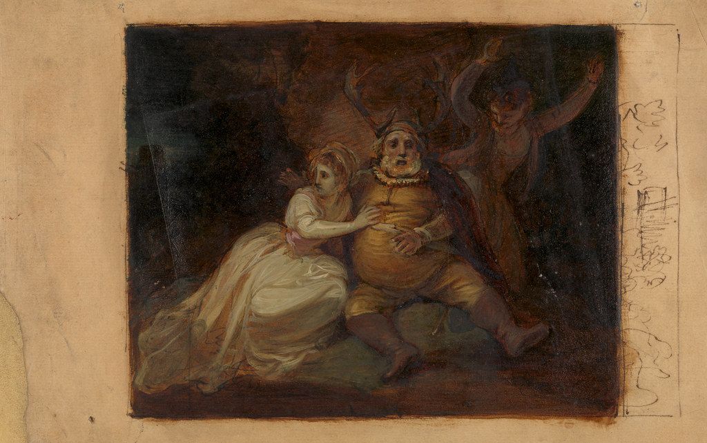 A painting depicting a woman reaching out to a large, imposing figure seated beneath a tree. The painting is done in a dark, dramatic style with a limited color palette of browns, ochres, and blacks.