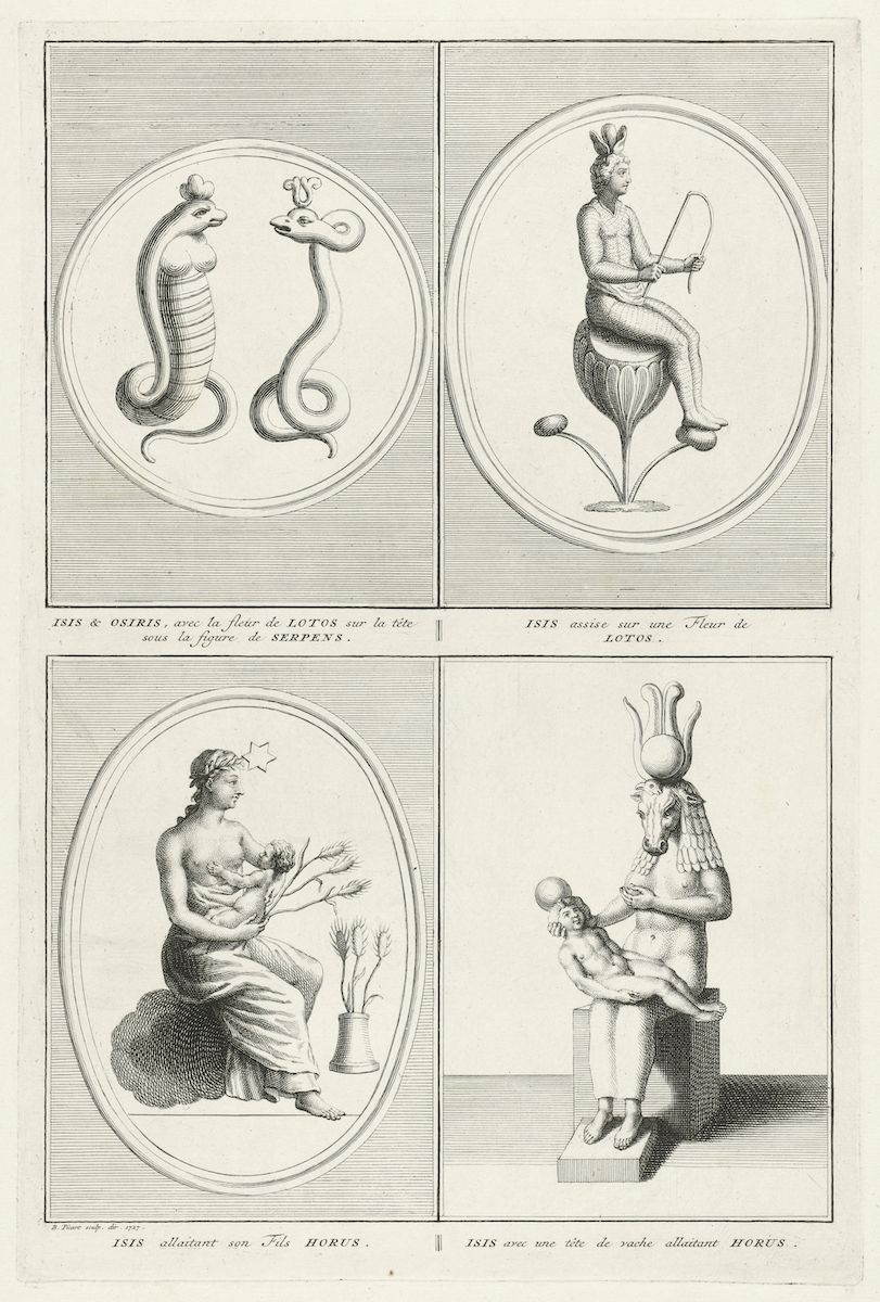 A vintage black and white engraving featuring four oval-framed depictions of the Egyptian goddess Isis.
