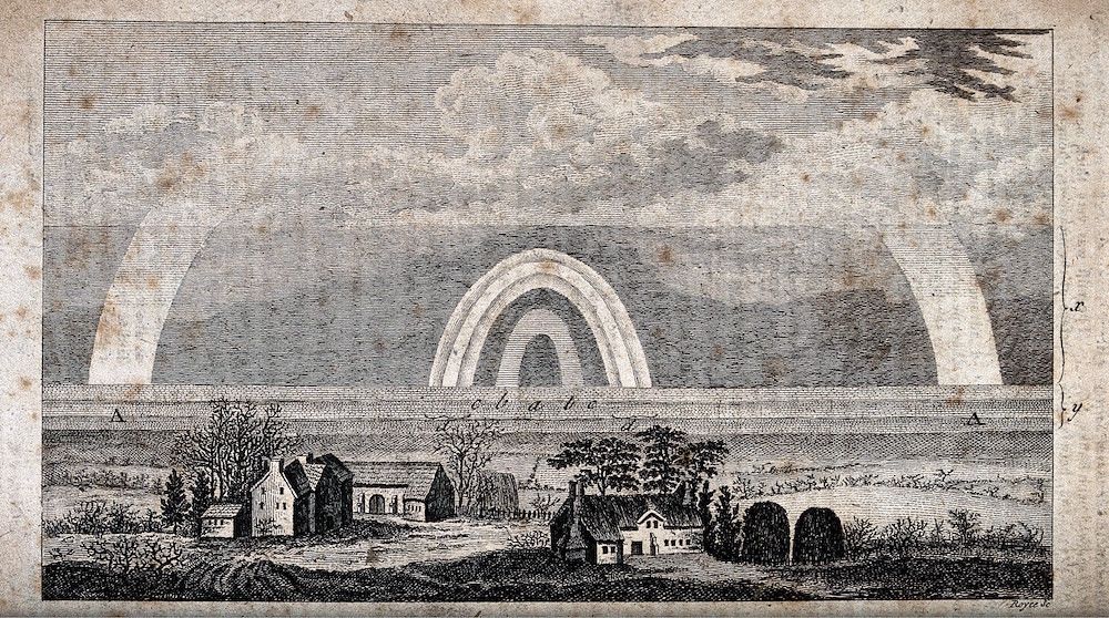 Vintage black and white engraving of a rural landscape with a rainbow.