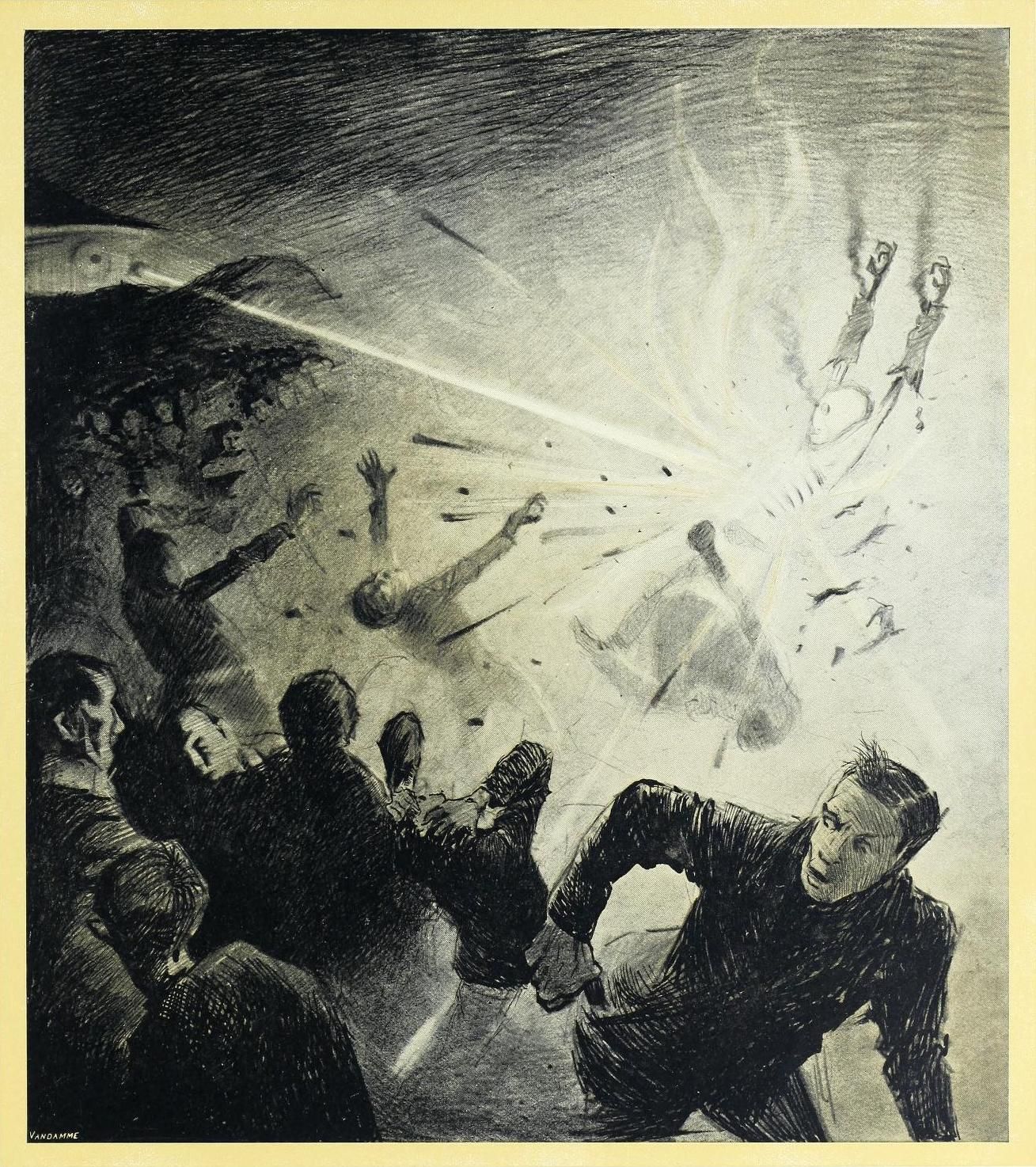 A black and white illustration depicting a dramatic scene with a figure disintegrating in mid-air and a horrified crowd surrounding it.