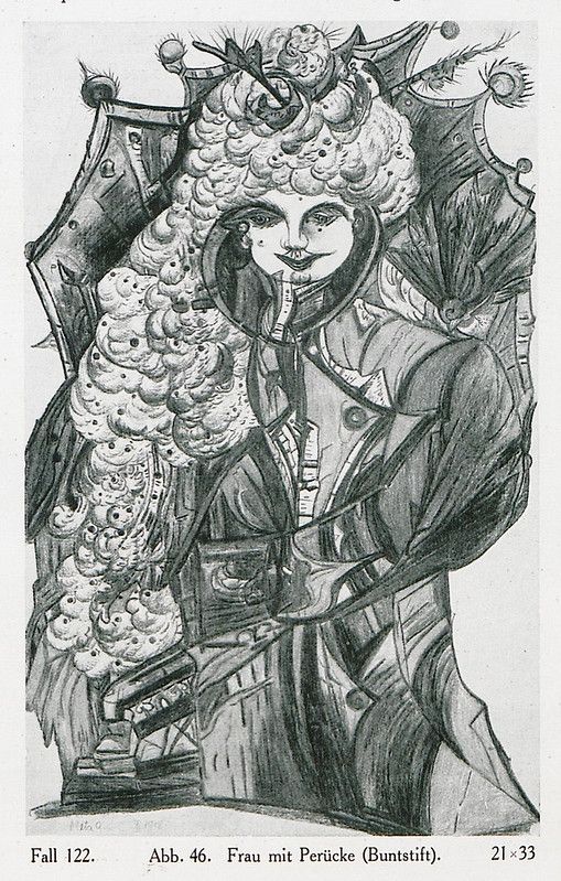 Black and white illustration of a woman in an elaborate wig and ornate clothing.