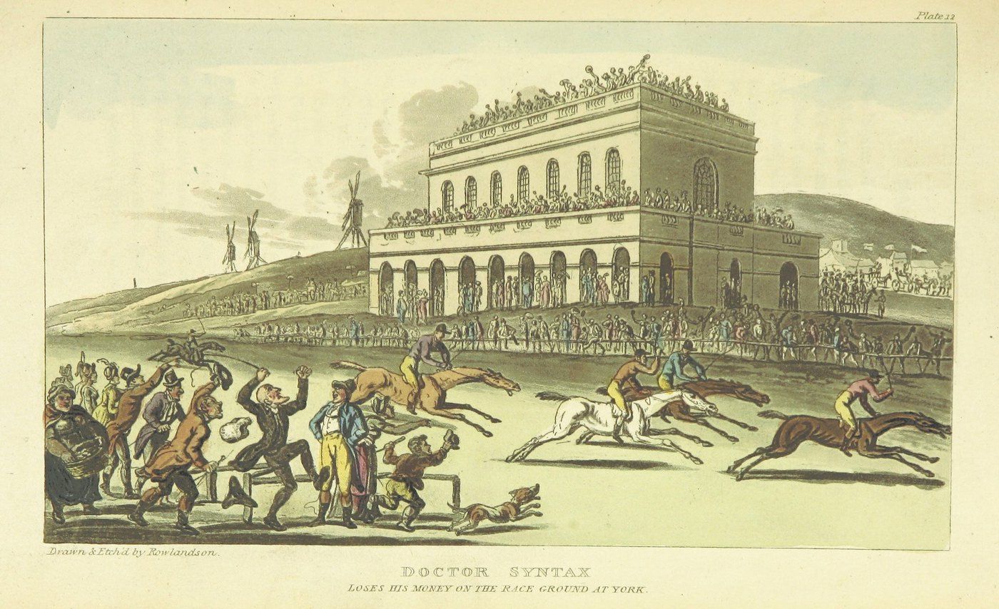 A hand-colored etching titled "Doctor Syntax Loses His Money on the Race Ground at York". It depicts a chaotic scene at a horse race with a large crowd, jockeys, and a grand building in the background.