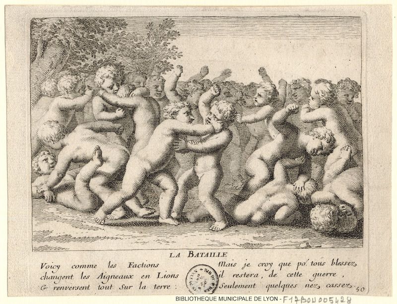 A black and white engraving of a chaotic battle scene with a group of small, muscular men fighting with swords, clubs, and shields.
