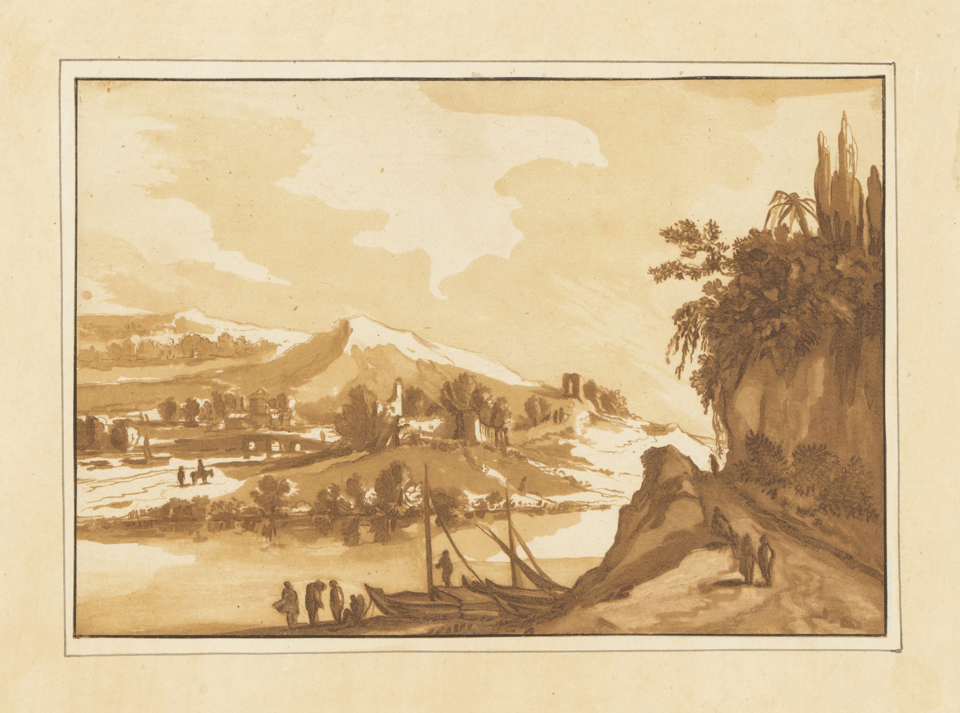 Sepia-toned drawing of a landscape with mountains, boats, and people.