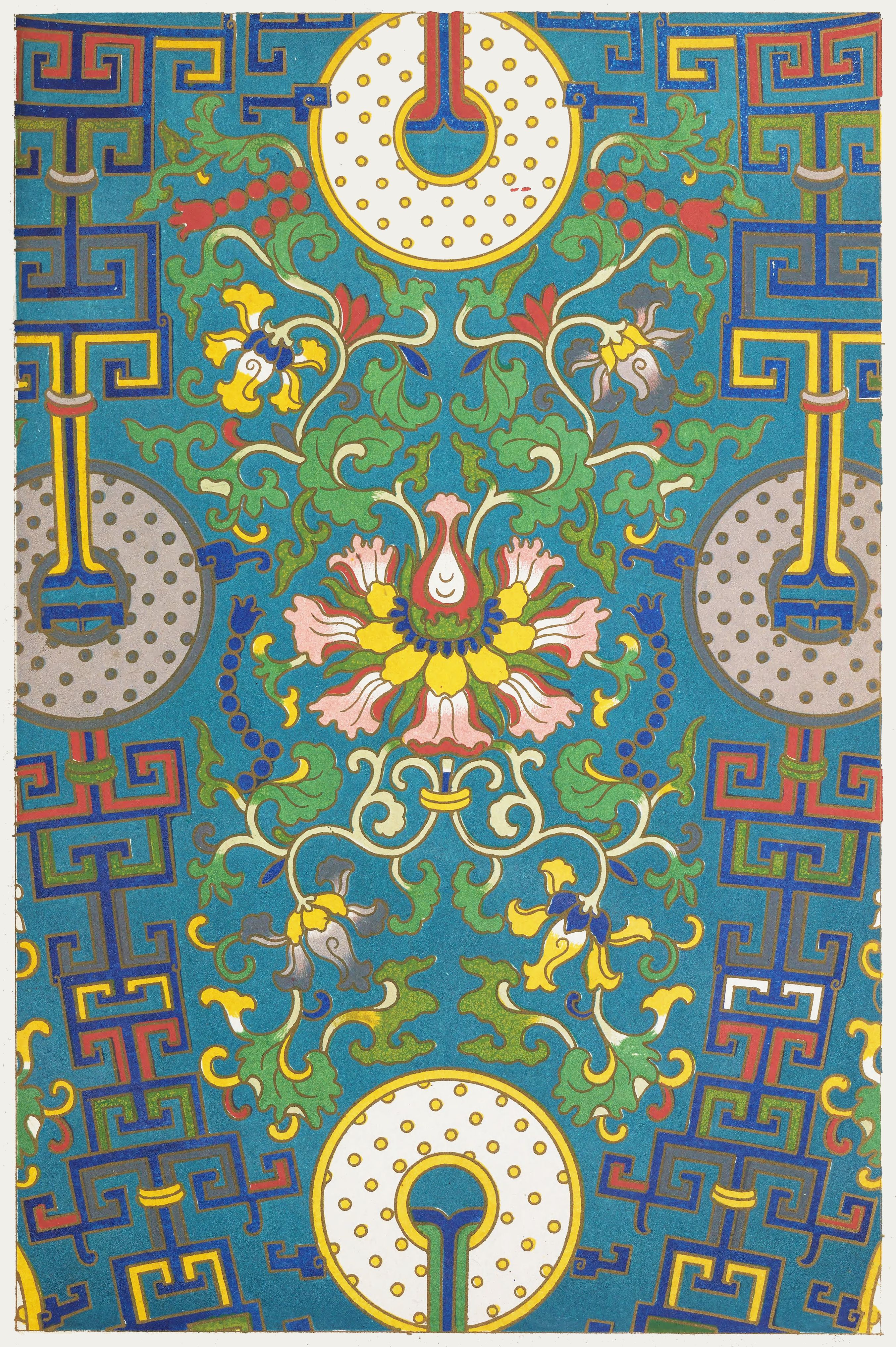 A vibrant and intricate textile or artwork with a turquoise background and symmetrical design featuring a central lotus flower motif, circular elements, and geometric borders.