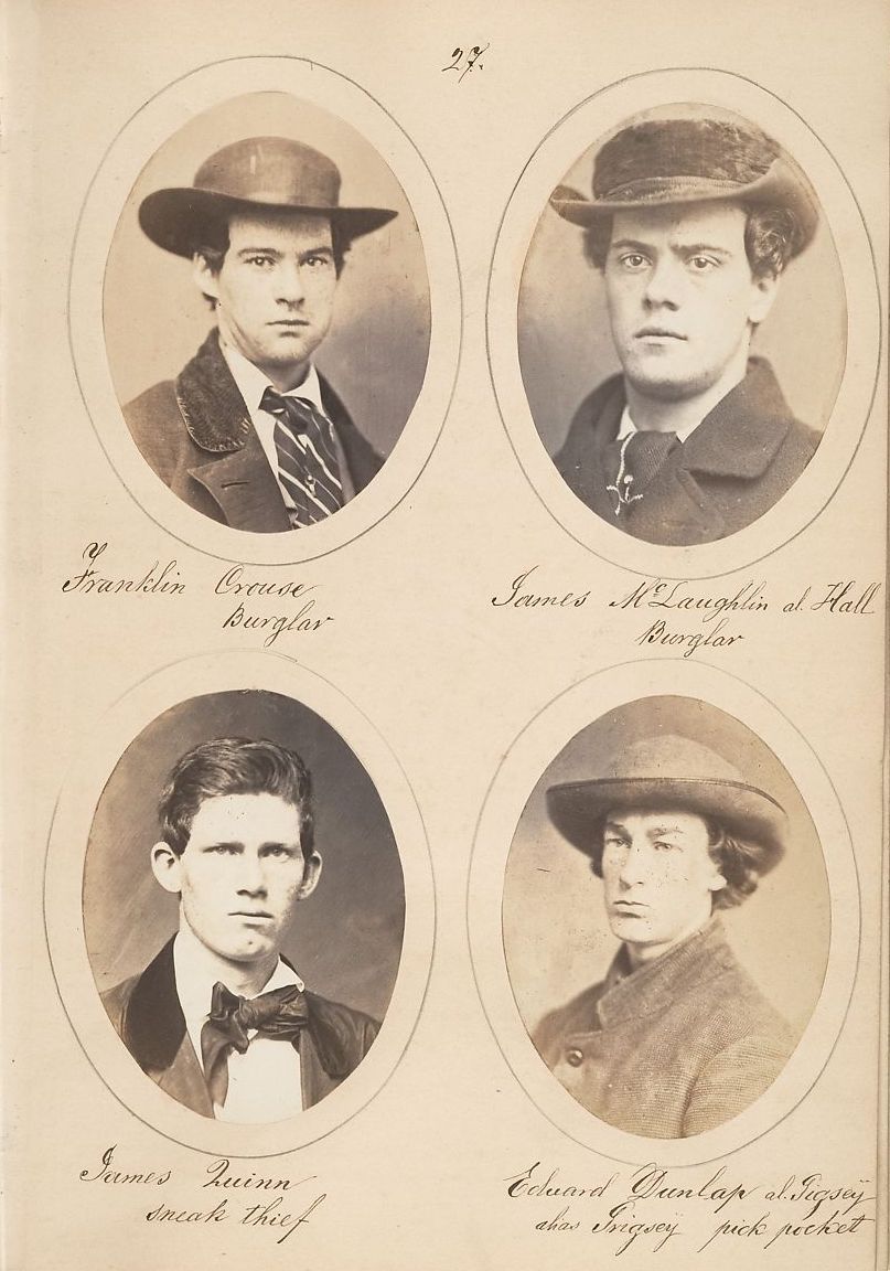 A vintage sepia-toned photograph featuring four individual portraits arranged in a grid. Each portrait is oval-shaped and depicts a man, likely from the late 19th or early 20th century, based on the clothing and photographic style. Each man is wearing a hat, and their clothing consists of jackets, shirts, and ties. Below each portrait is handwritten text identifying the individual and their alleged crime.