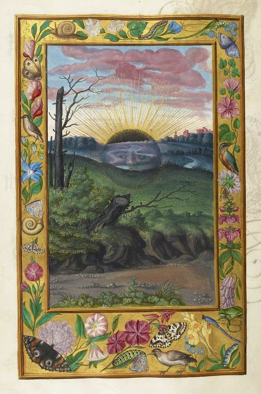 A richly decorated landscape painting with a face in the hill, framed by flowers, butterflies, and birds.