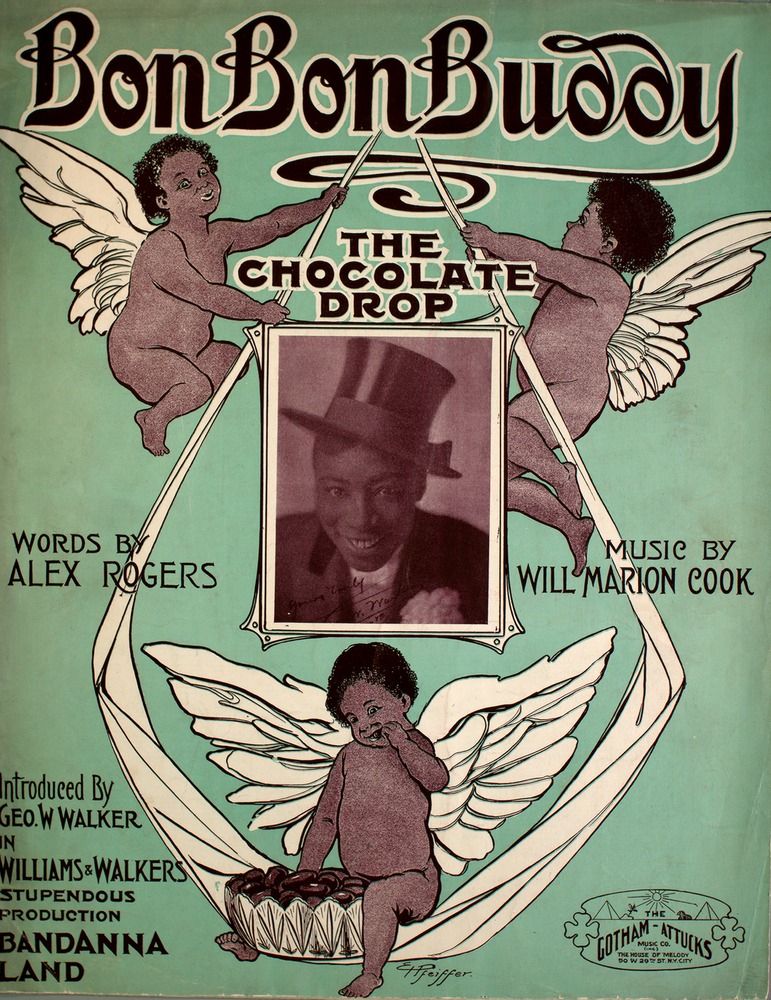 Vintage sheet music cover for "Bon Bon Buddy - The Chocolate Drop" featuring cherubic figures and a portrait of a man.