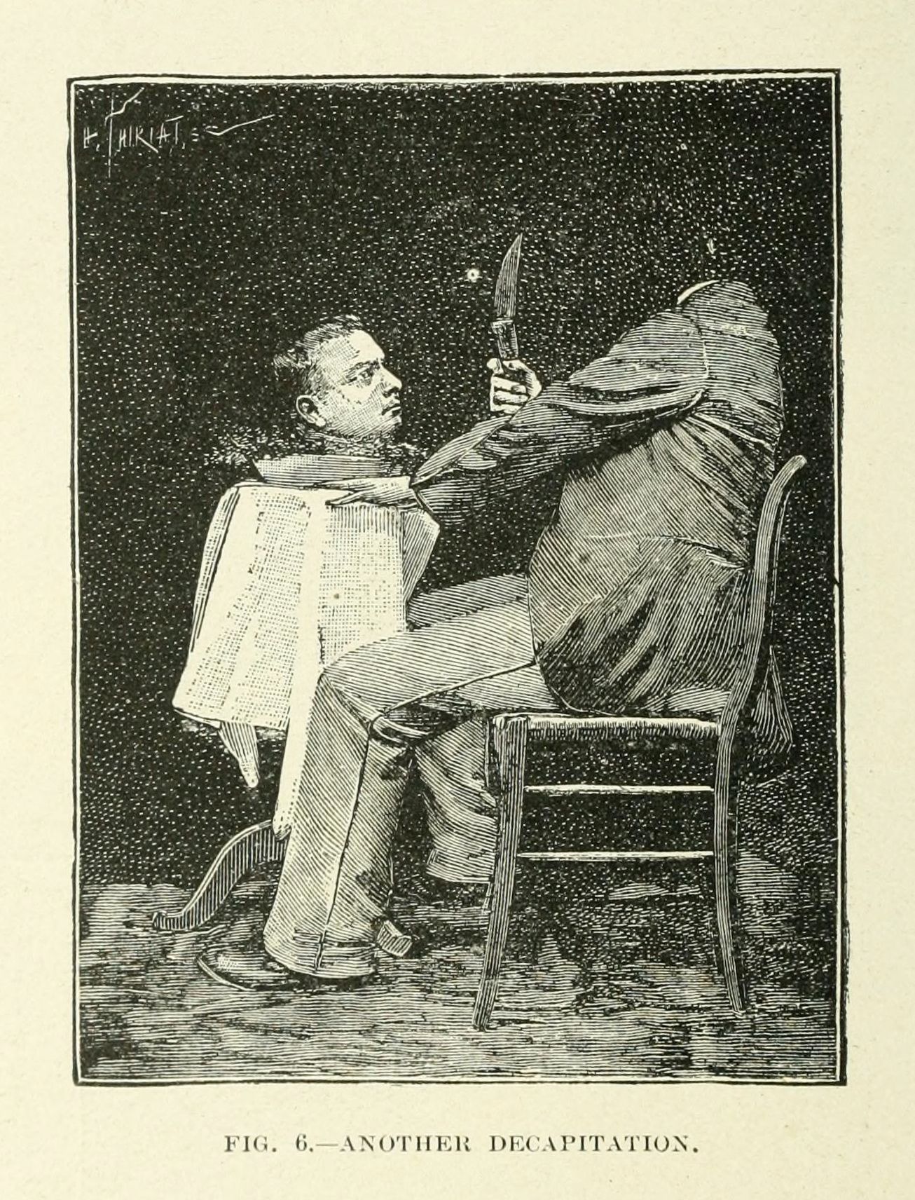 Vintage illustration of a decapitation scene with a seated victim and a figure wielding a knife.