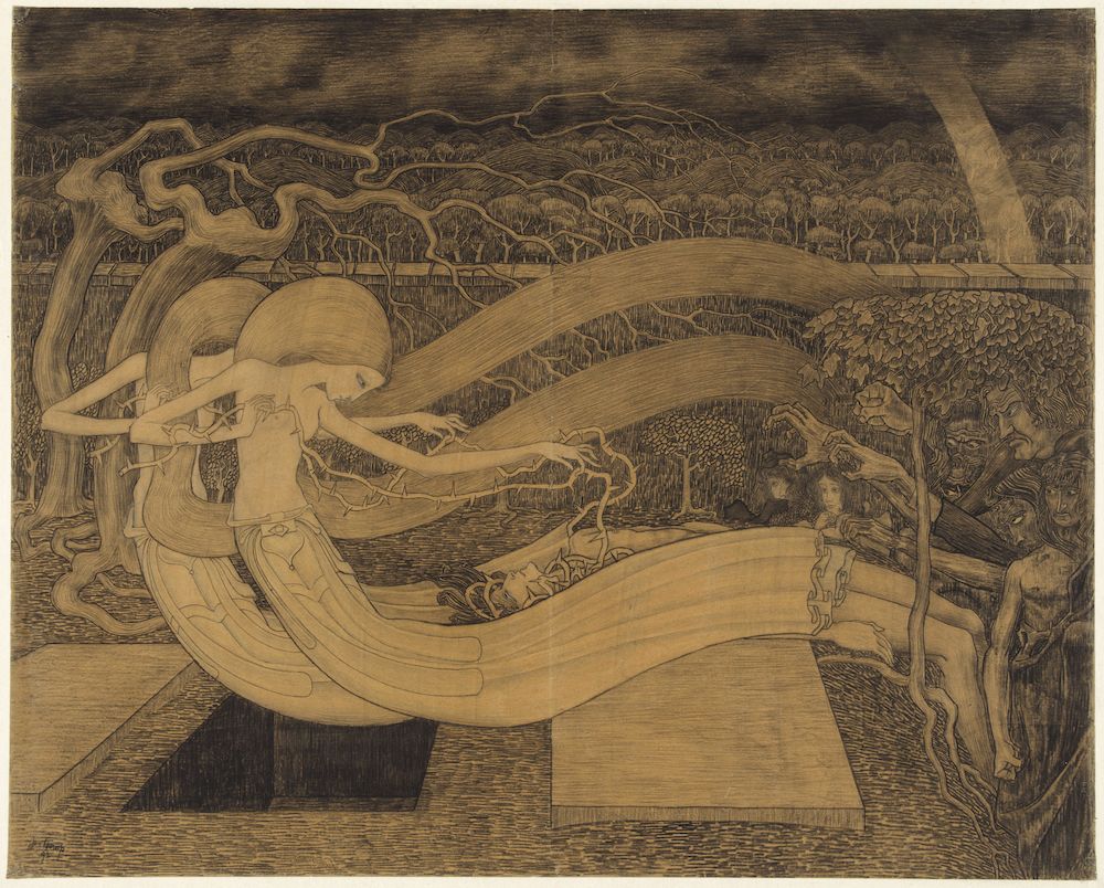 Sepia-toned engraving of a woman with flowing hair in a surreal landscape, with a chained man in the background.