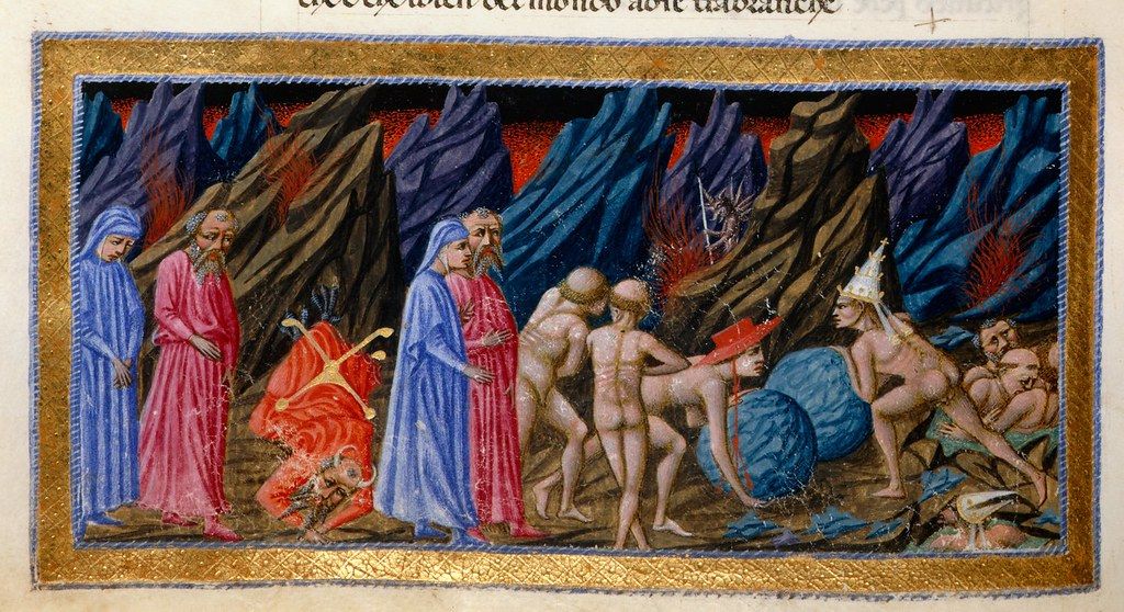 Medieval manuscript illumination depicting a scene of torment in Hell.