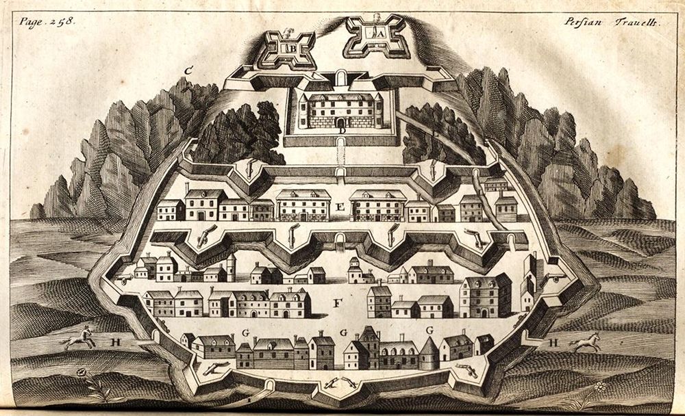 A black and white engraving of a fortified town surrounded by water and forests. The town is densely packed with buildings and heavily fortified with walls, bastions, and gates. The engraving is labeled with letters to identify different parts of the town and its fortifications.