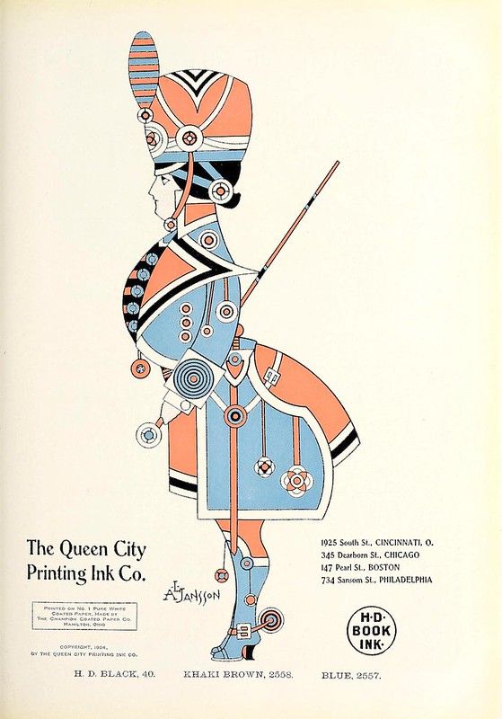 Vintage advertisement for The Queen City Printing Ink Co. featuring a stylized illustration of a person in a military uniform.