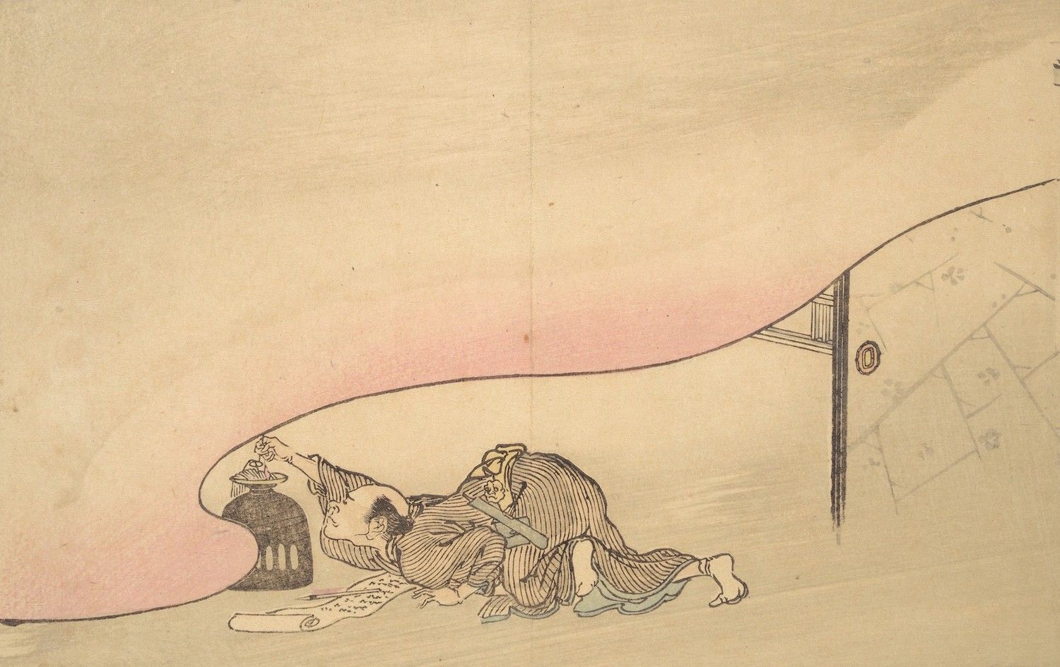 Vintage illustration of a man and woman embracing near a lamp in a traditional Japanese setting.