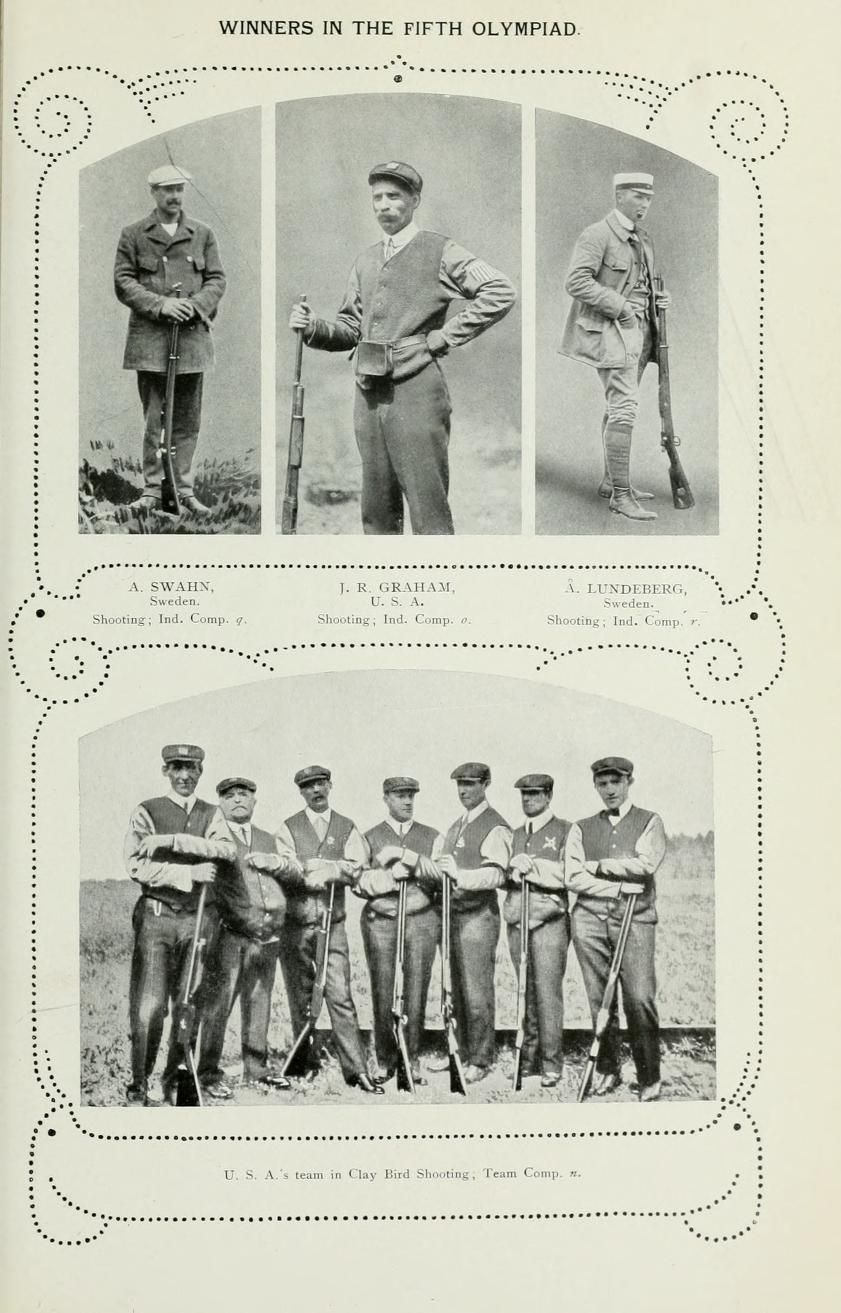 Vintage black and white photograph from the Fifth Olympiad, showcasing winners in shooting competitions.