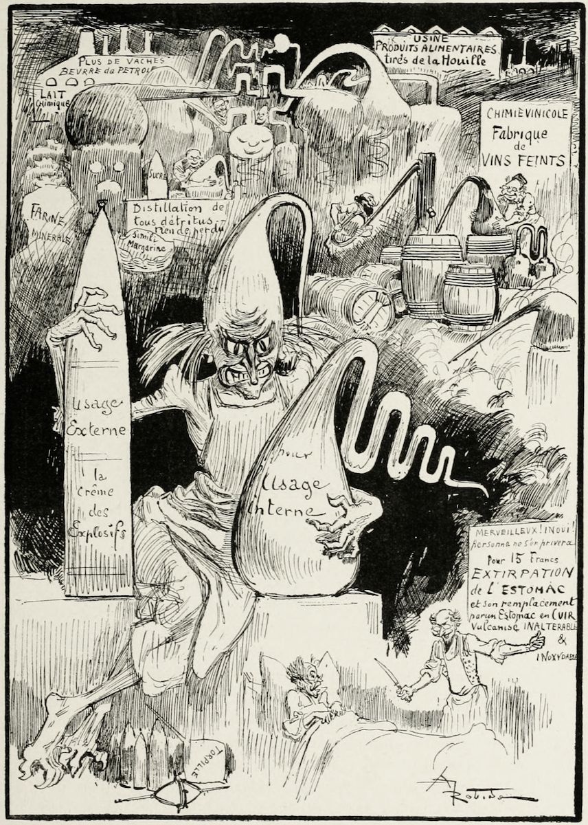 A black and white cartoon illustration depicting a monstrous figure manufacturing industrial food products, with people being ground into the products at its feet. The scene is critical of industrial food production and its impact on society.