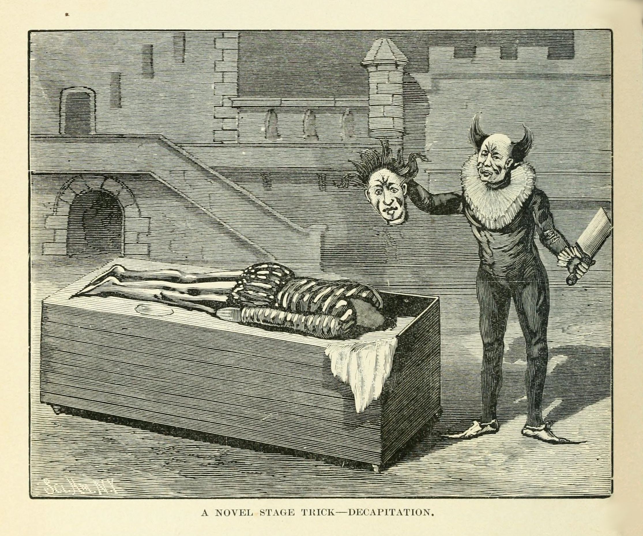 A vintage engraving of a stage trick involving a decapitation. A person lies in a box with their head floating in the air, while a demonic figure holds an axe.