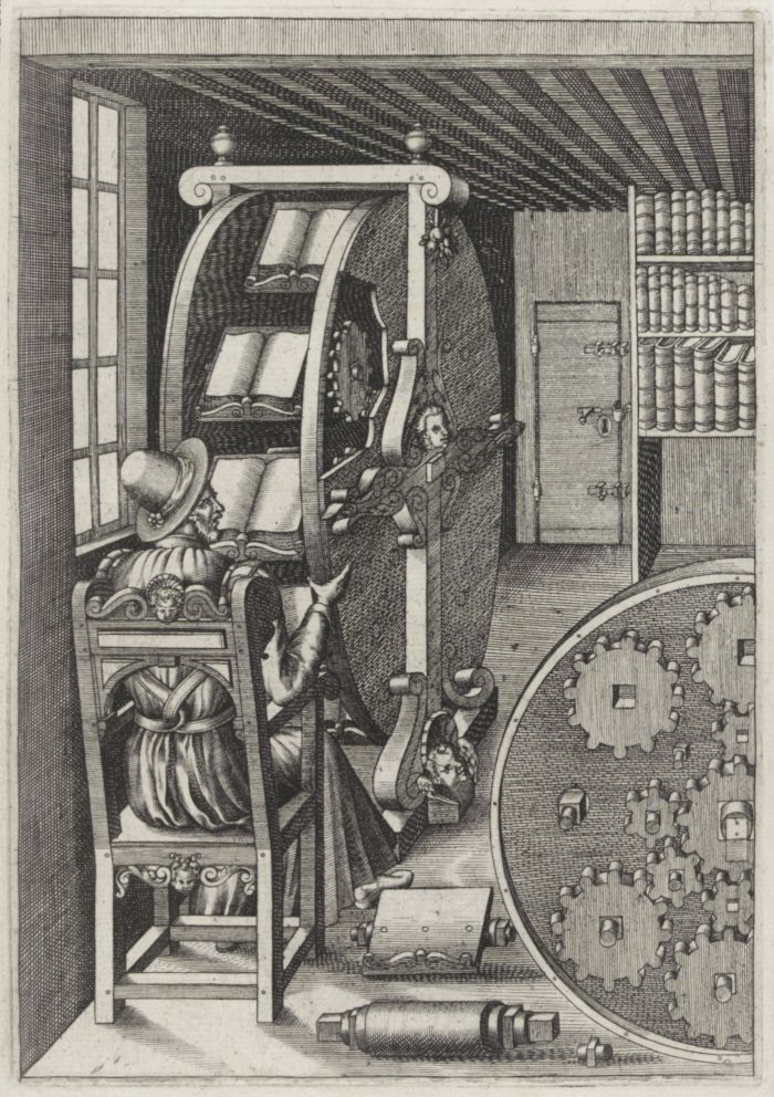 A black and white engraving depicting a scholar reading from a rotating book carousel within a complex mechanical environment.