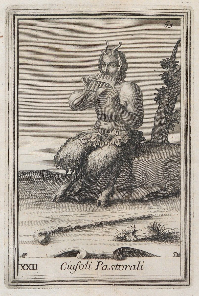 A black and white engraving of a faun playing a flute, seated on a stone and leaning against a tree.