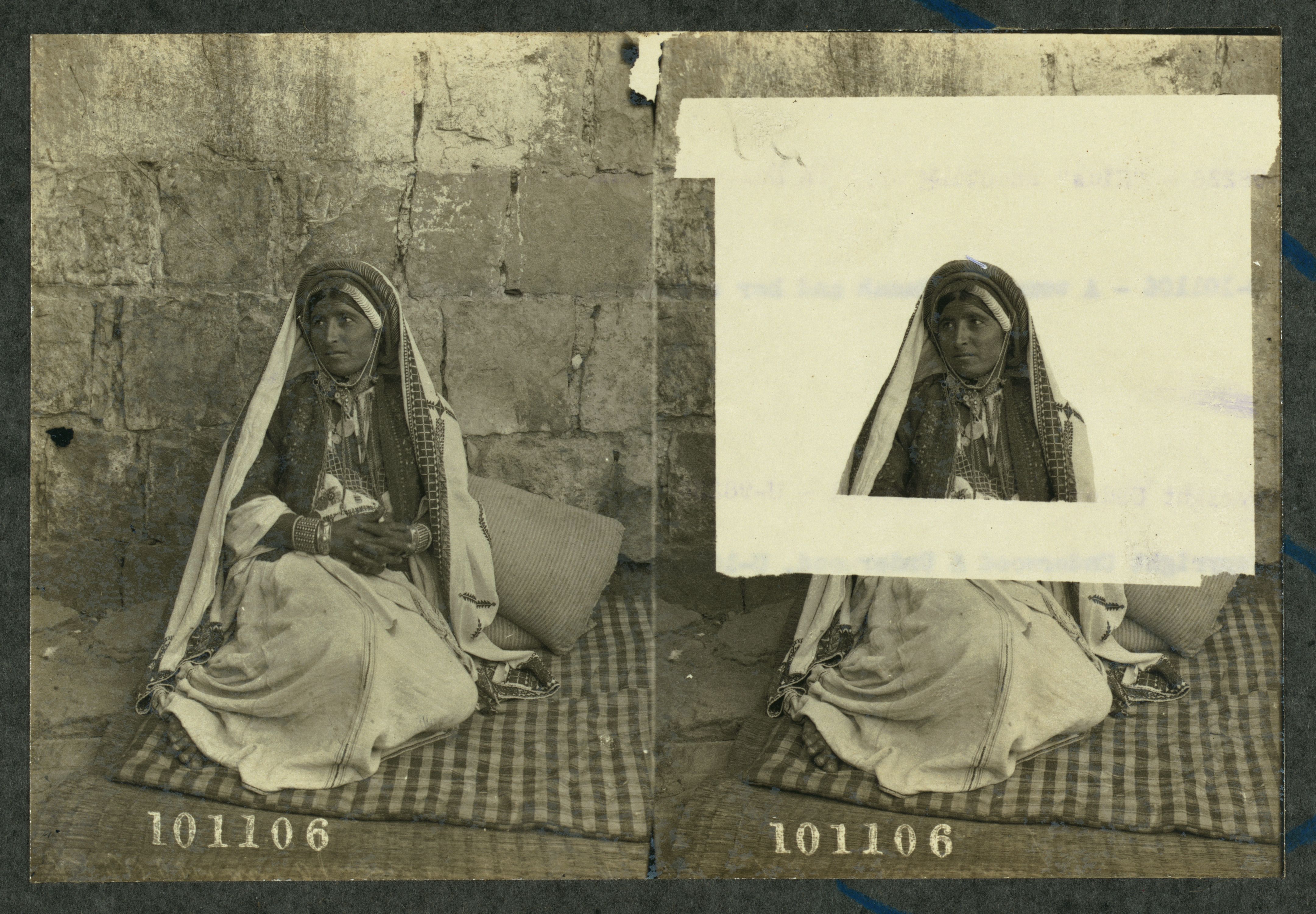 Vintage sepia-toned photograph of a woman in traditional clothing seated on a mat against a textured wall, presented in a diptych format with a white patch obscuring a portion of the right-hand image.