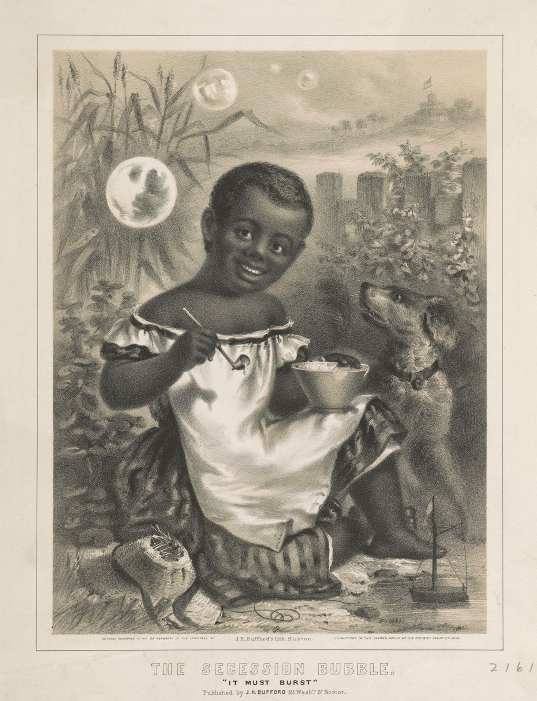 A black and white lithograph depicting a young African American boy blowing bubbles in a field. The boy is the central figure, smiling and looking directly at the viewer. Behind the boy is a lush, overgrown field with tall grasses and plants. In the distance, a cityscape is visible, with buildings and a smokestack. Above the cityscape, a crescent moon is visible in the sky. At the bottom of the image, there is a scene of a battle or conflict. Cannons are firing, smoke is billowing, and a flag is waving. A boat is visible in the water. The image is titled "The Secession Bubble" and includes the phrase "It Must Burst."