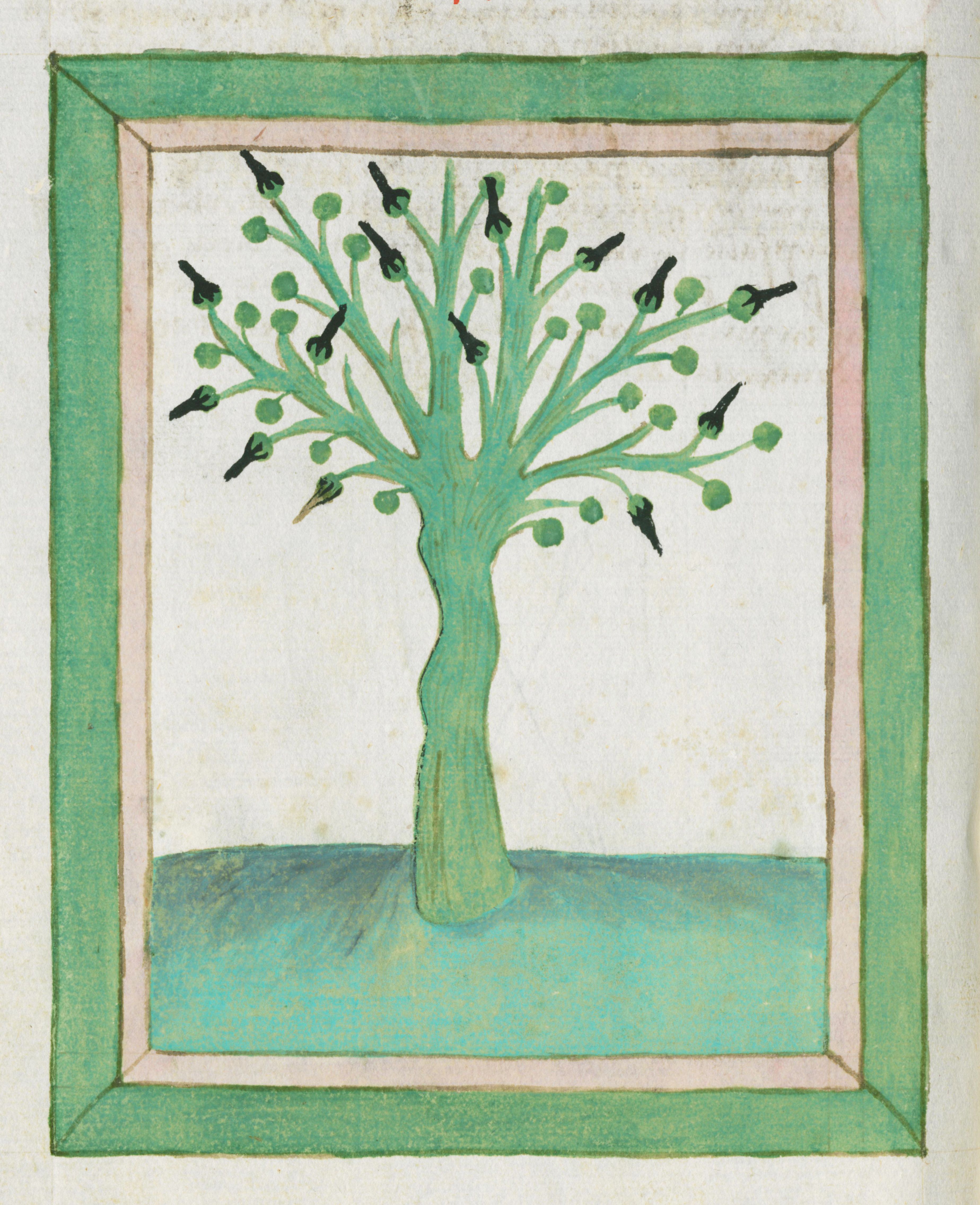 A medieval-style illustration of a tree with birds perched on its branches, framed by a green border.