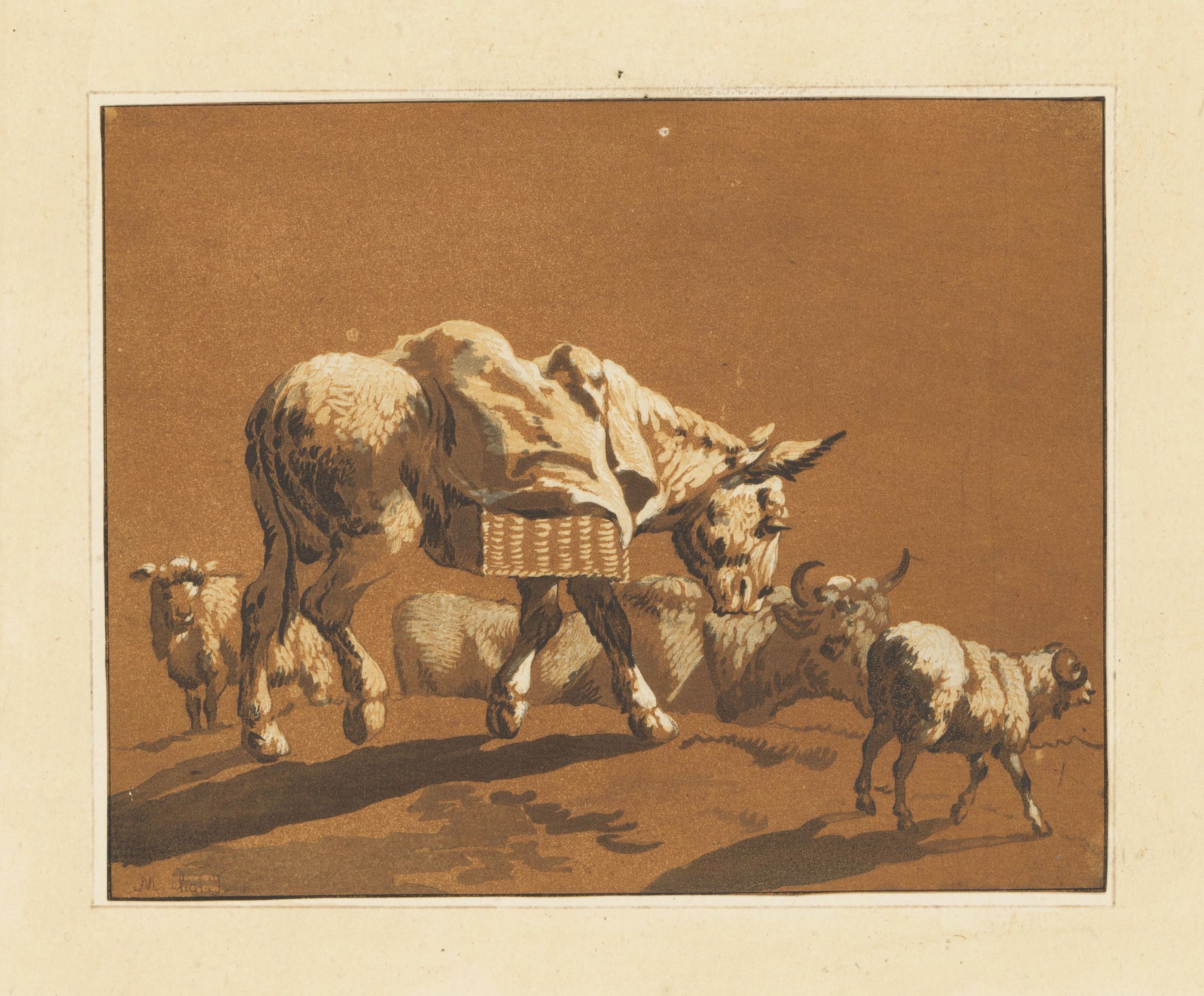 Sepia-toned drawing of a cow carrying a large bundle on its back, surrounded by a flock of sheep in a rural landscape.