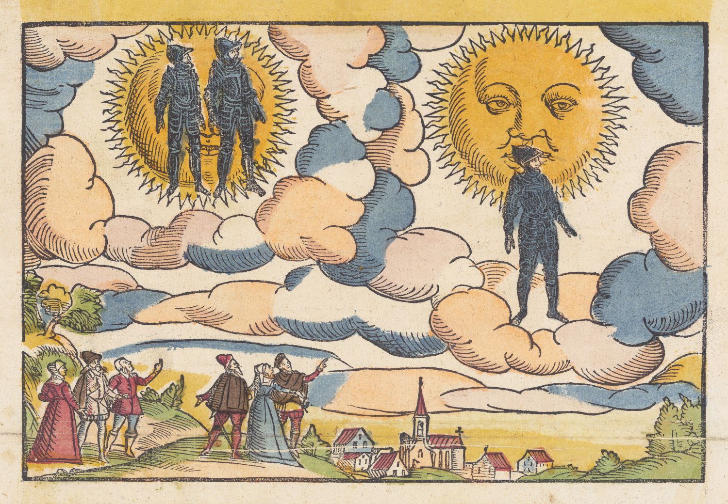 Vintage woodcut illustration of people gazing at celestial figures in the sky above a village.