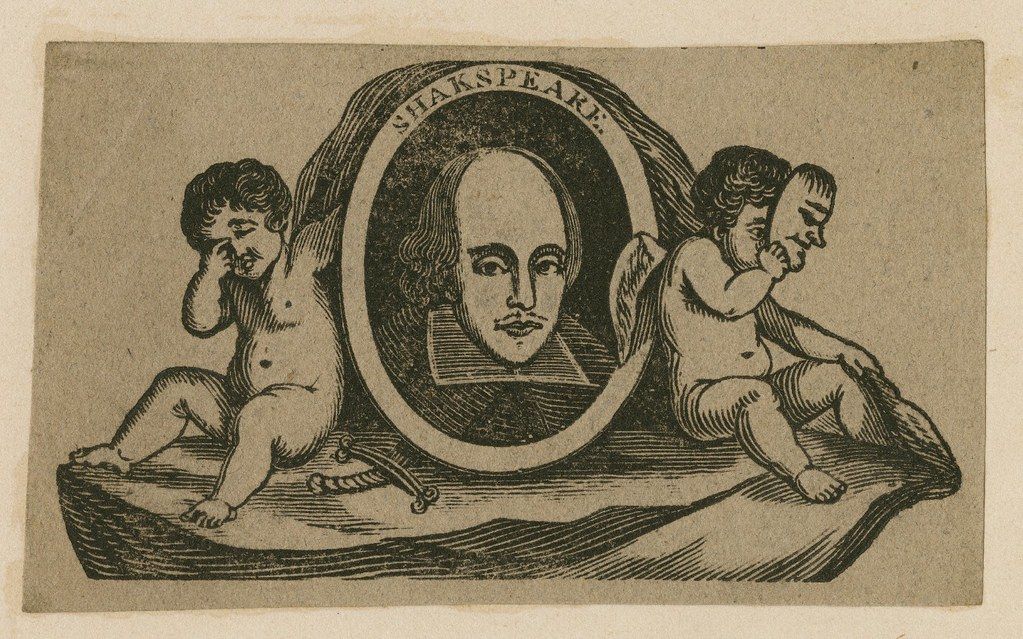 A black and white engraving depicting a portrait of William Shakespeare framed by two cherubs.