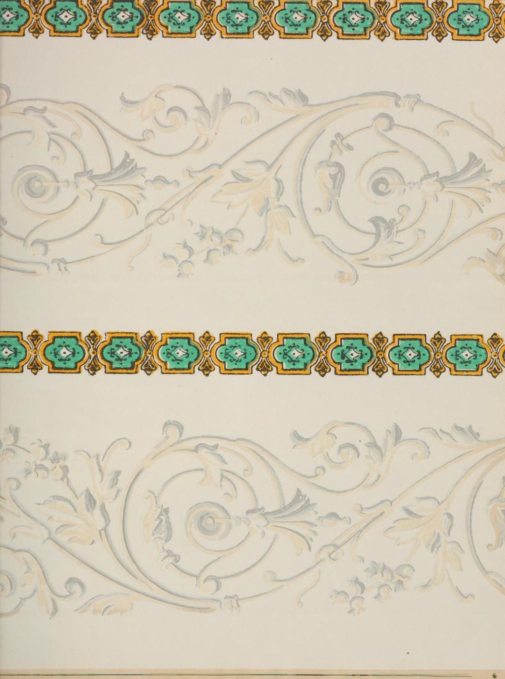 Vintage wallpaper with floral and geometric patterns.