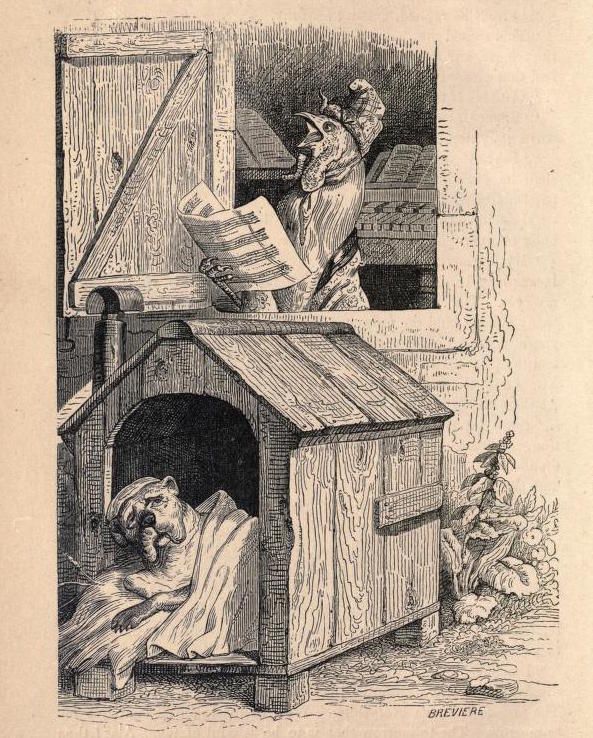 A vintage illustration of a grumpy bulldog in a doghouse, while a goat reads a paper in the window above.