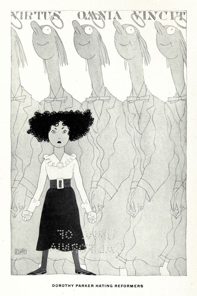 A black and white cartoon illustration of Dorothy Parker surrounded by reaching hands, with the Latin phrase 'Virtus Omnia Vincit' above and the caption 'Dorothy Parker Hating Reformers' below.