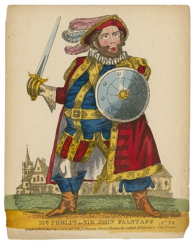 A hand-colored etching of Mr. Phelps as Sir John Falstaff, a stout man in a red coat, blue waistcoat, and plumed hat, holding a sword and shield, with buildings in the background.