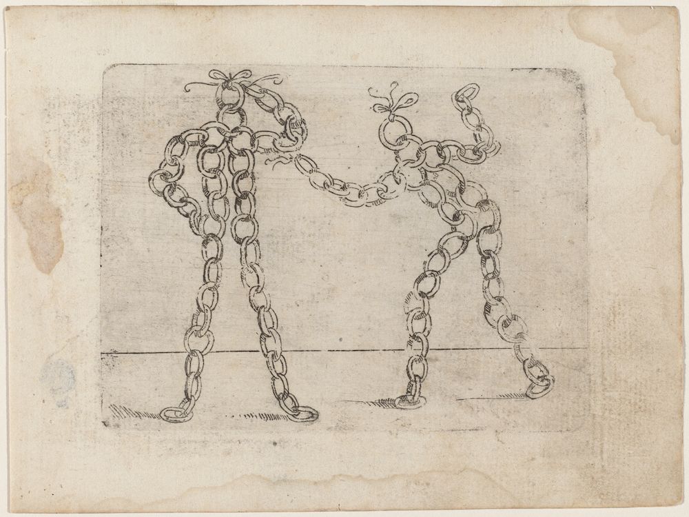 A black and white drawing of a long, ornate chain on aged paper.