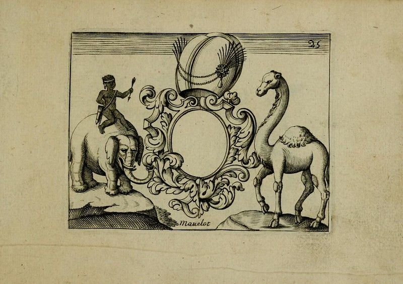 A black and white engraving featuring an ornate frame flanked by an elephant with a rider and a camel, set on a textured landscape. The word 'Manelot' is written at the bottom.