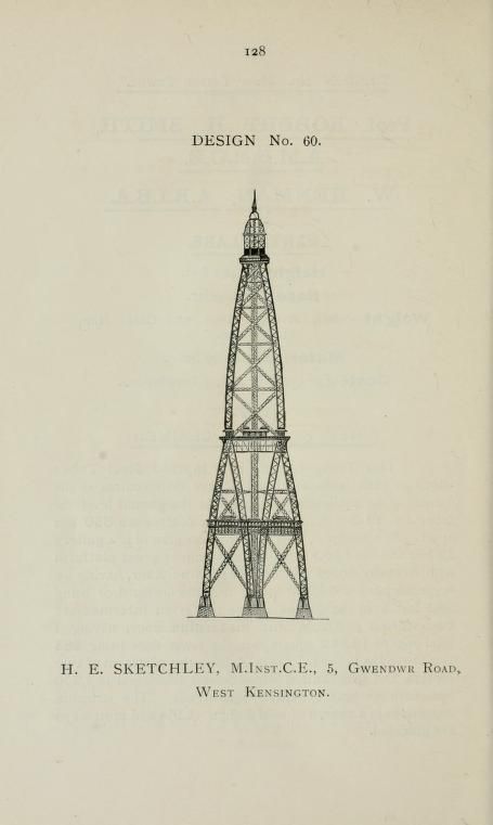 A vintage black and white illustration of a tower design, similar to the Eiffel Tower, with intricate lattice structure and text below.