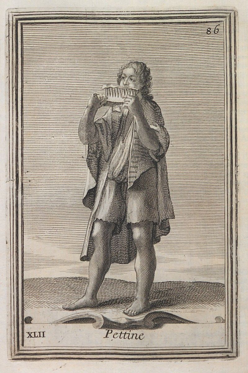 A black and white engraving of a man playing a musical instrument.