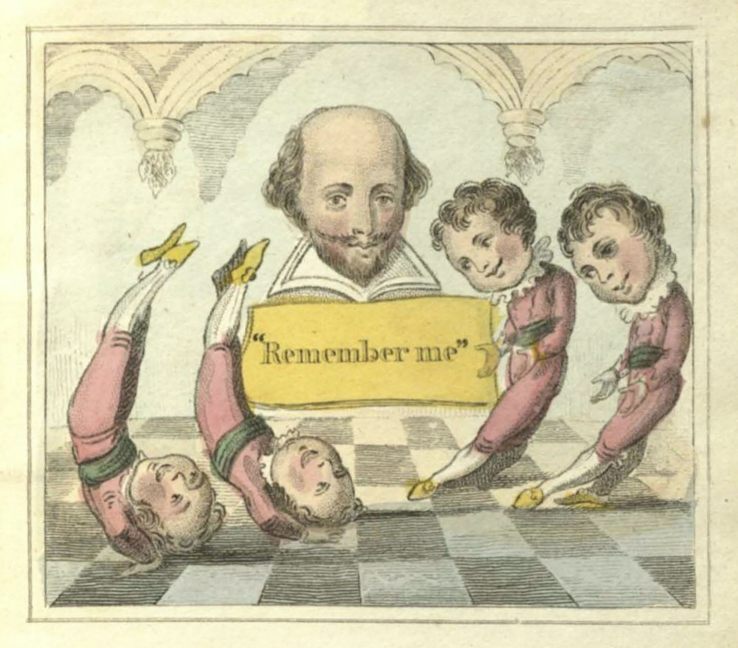 A hand-colored etching depicting a bust of William Shakespeare and three acrobatic children.