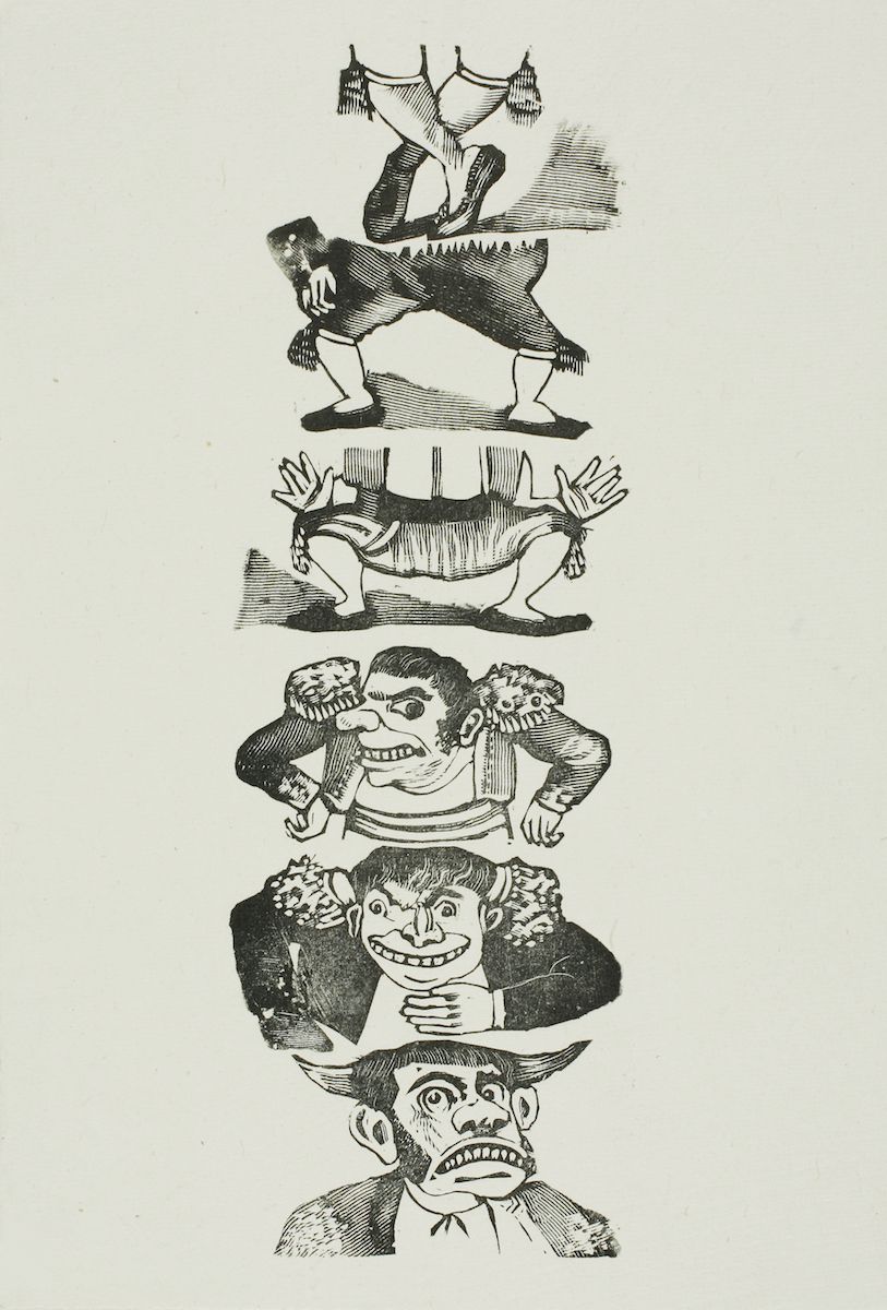 A vintage black and white illustration depicting a comical and precarious stack of figures.