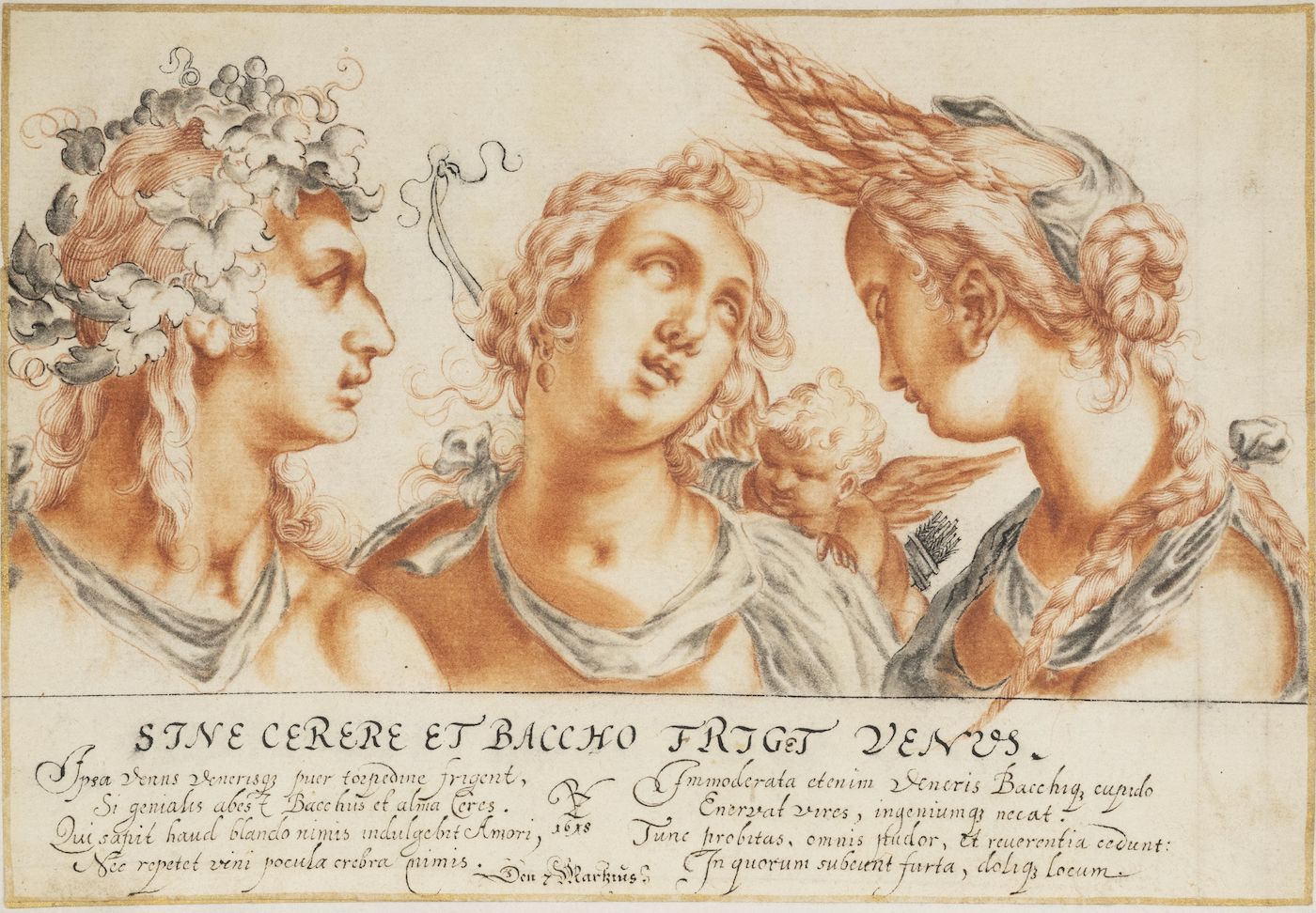 A sepia-toned drawing on paper depicting three male heads in profile, arranged side-by-side. The style is reminiscent of Renaissance or Baroque art, with a focus on anatomical detail and flowing drapery.