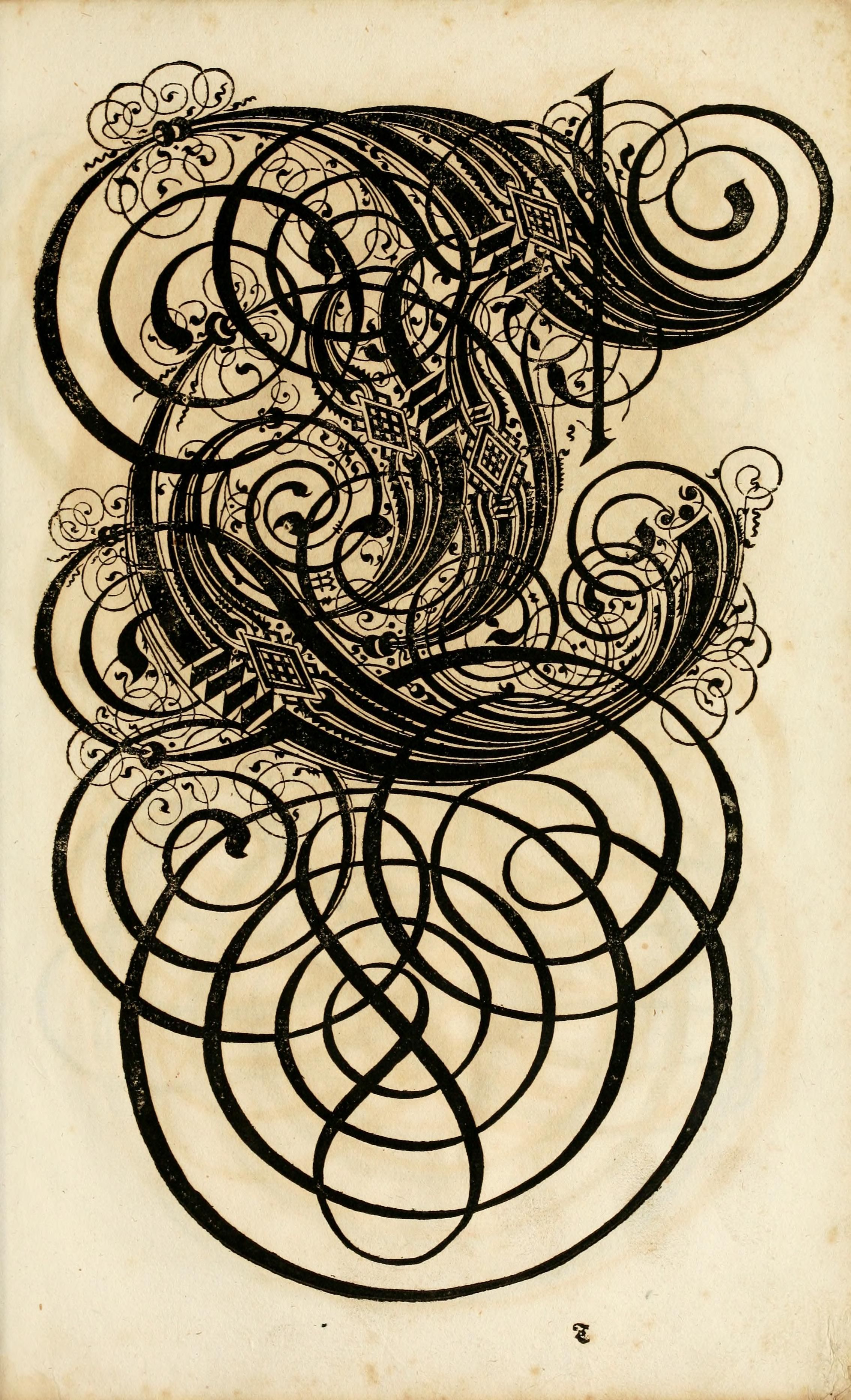 A detailed black ink drawing on aged cream paper featuring a complex, swirling design of spirals, curves, and scroll-like elements.