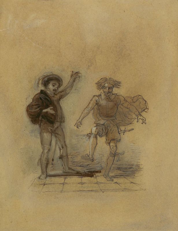 A sepia-toned sketch on paper depicting two figures, one smaller and wearing a hat, the other taller and more angular, with a small rectangular shape below them.