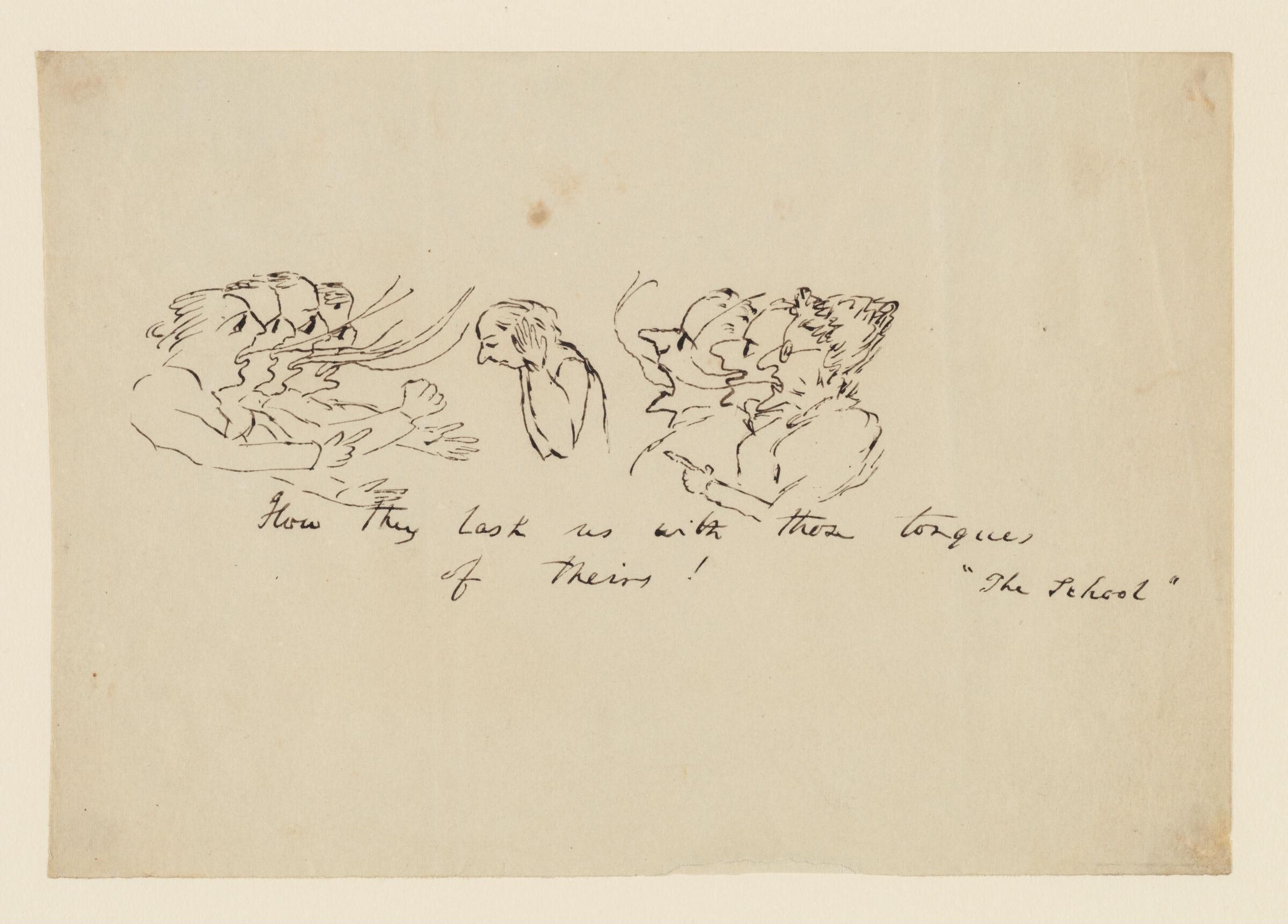 A sepia-toned sketch on a cream-colored background featuring four small, expressive head-and-shoulder portraits arranged horizontally, with handwritten text below.