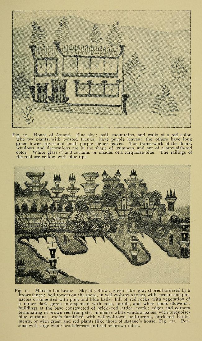 A vintage illustration depicting a fantastical landscape with architectural structures. The scene is divided into two distinct parts, each labeled with a figure number and a descriptive caption.