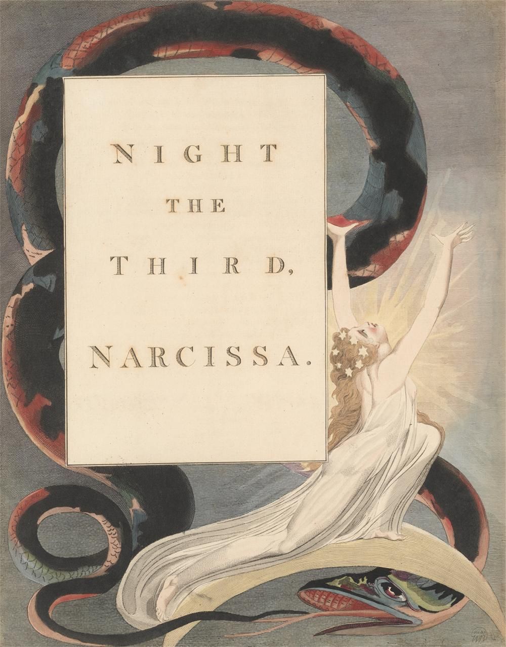 Book cover titled "Night the Third, Narcissa" framed by a winding snake.