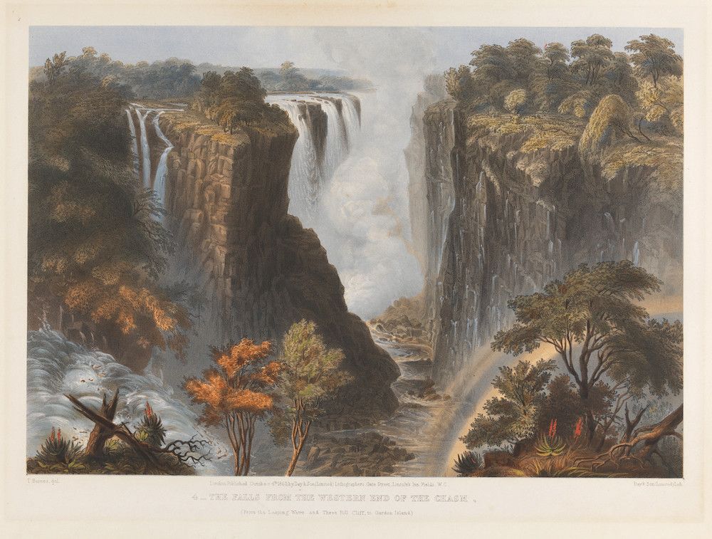 Vintage lithograph of a massive waterfall cascading into a deep gorge, surrounded by lush vegetation and rocky cliffs.