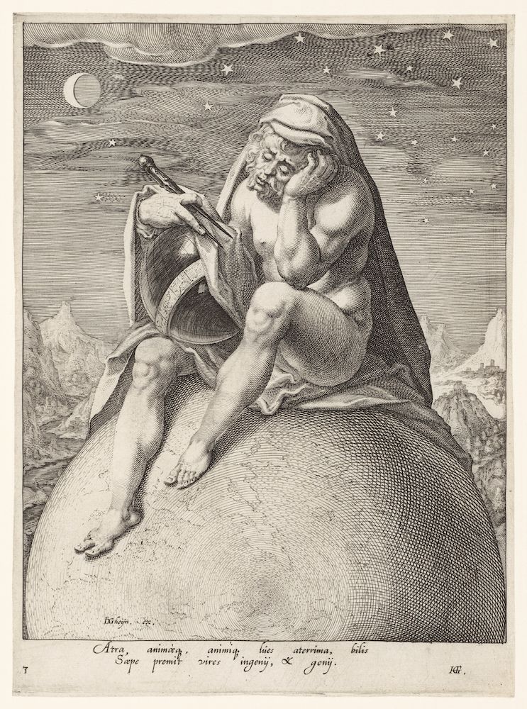 A black and white engraving of a melancholic man seated on a rock under a starry sky.